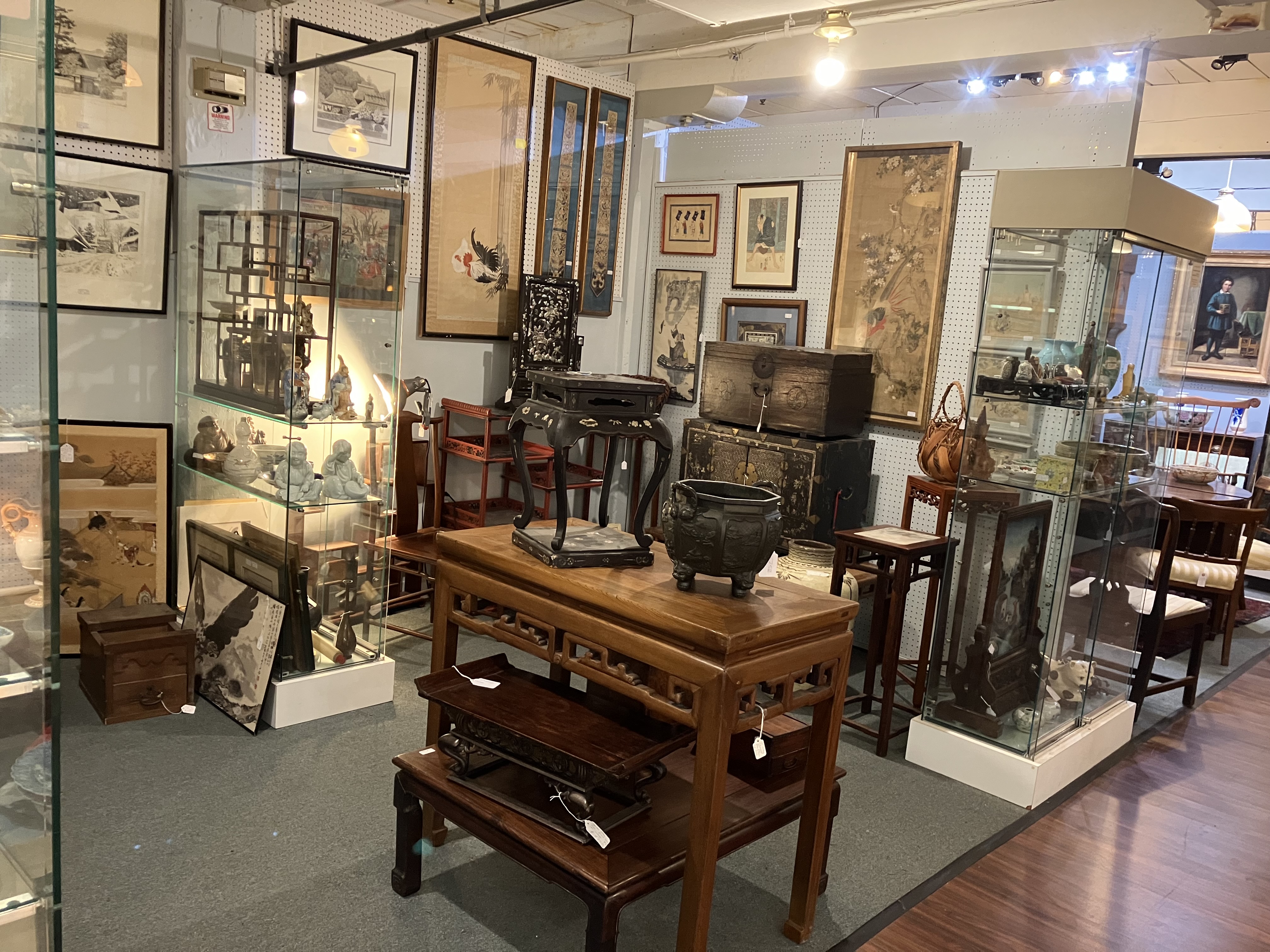 A partial view of our extensive and ever changing selection of antique Asian fine and decorative art, furnishings and Japanese swords.