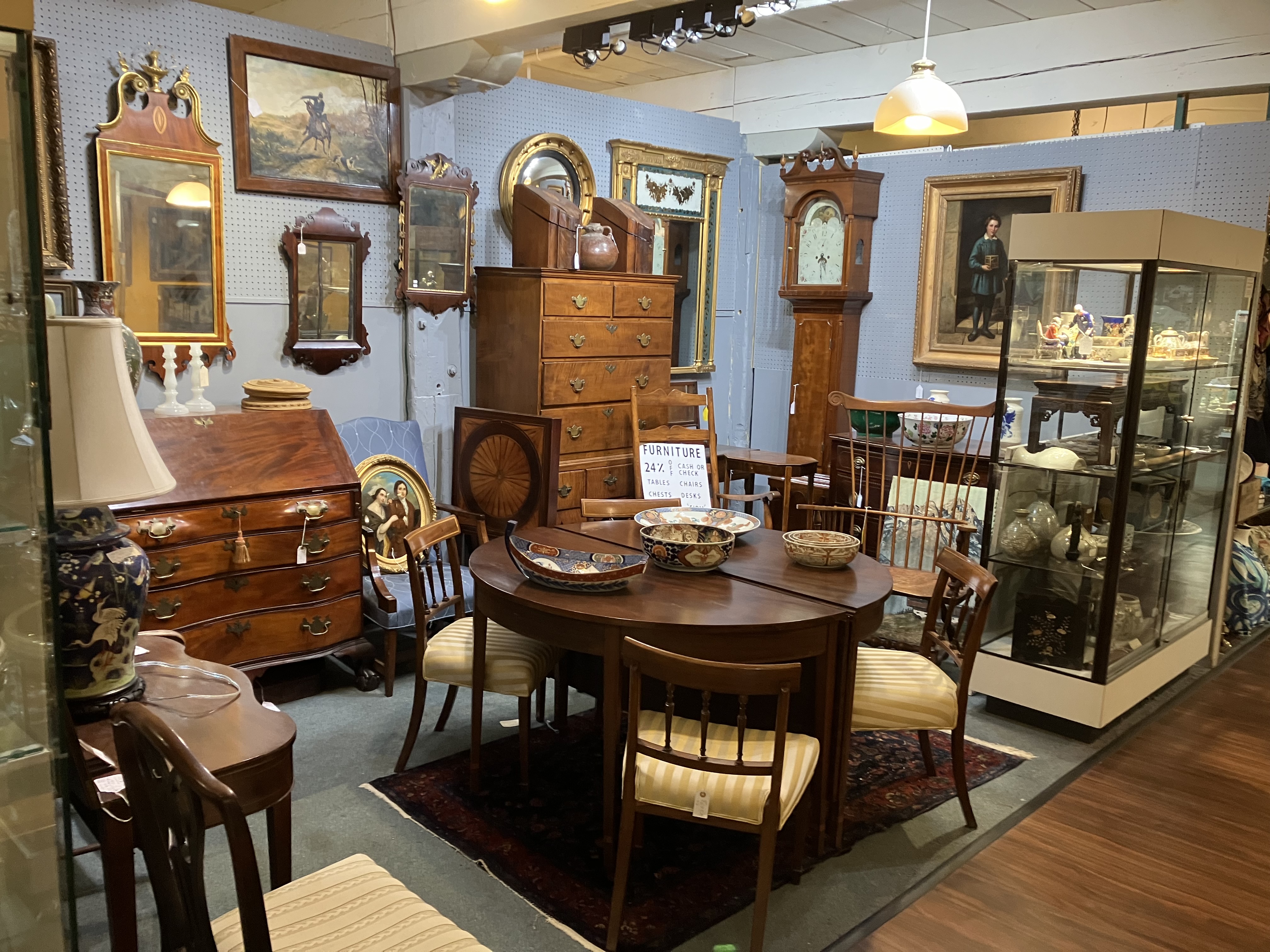 A partial view of our broad offerings of antique furniture, fine art and decorative accessories.